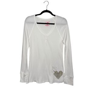 Jenni by Jennifer Moore Women’s XL Waffle Knit Henley Top White Embellished Y2K